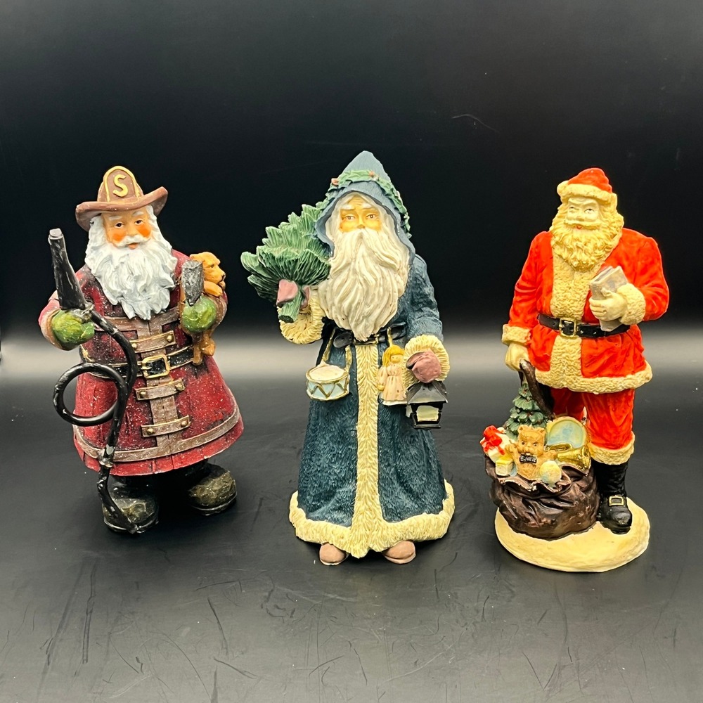 Vintage Lot of Christmas Santa Figurines Set of 3 Fireman Tree Bag Resin‎ 6"